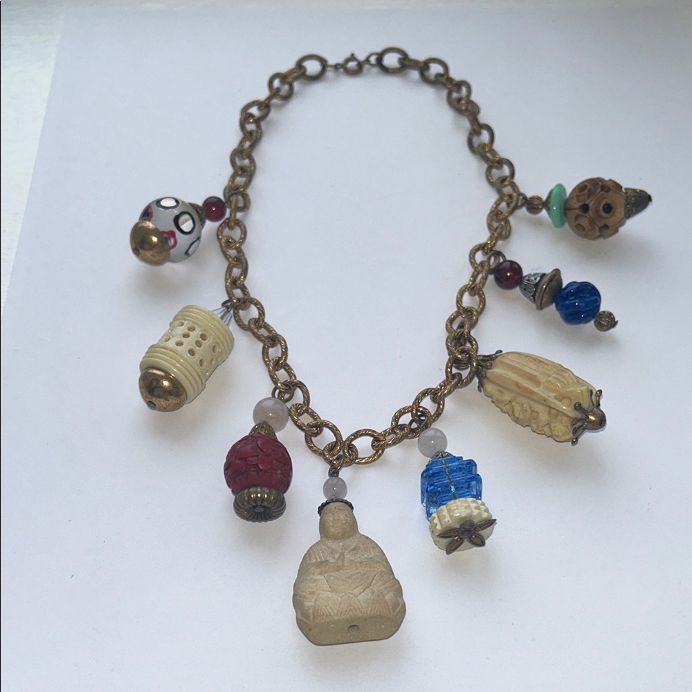 Vintage Multi-Color Charm Necklace with Carved Pendants
